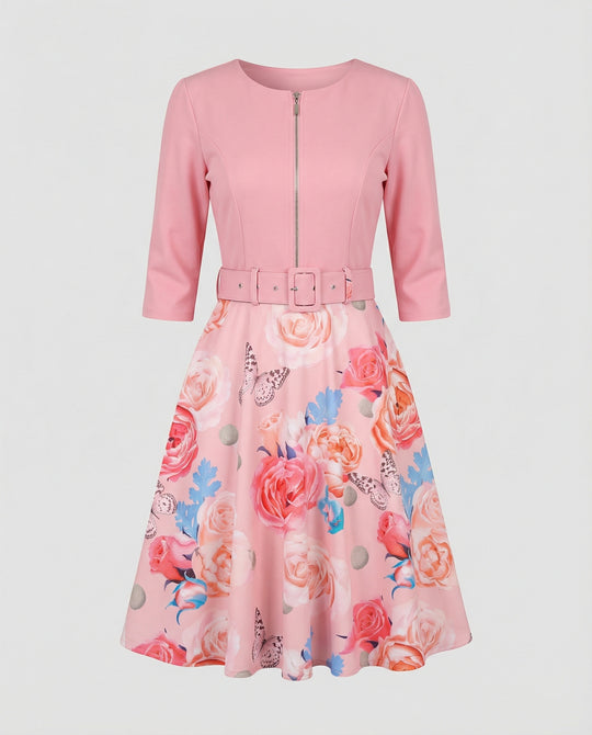 Damen A-Linien Kleid mit tailliertem Gürtel und floralem Muster EB