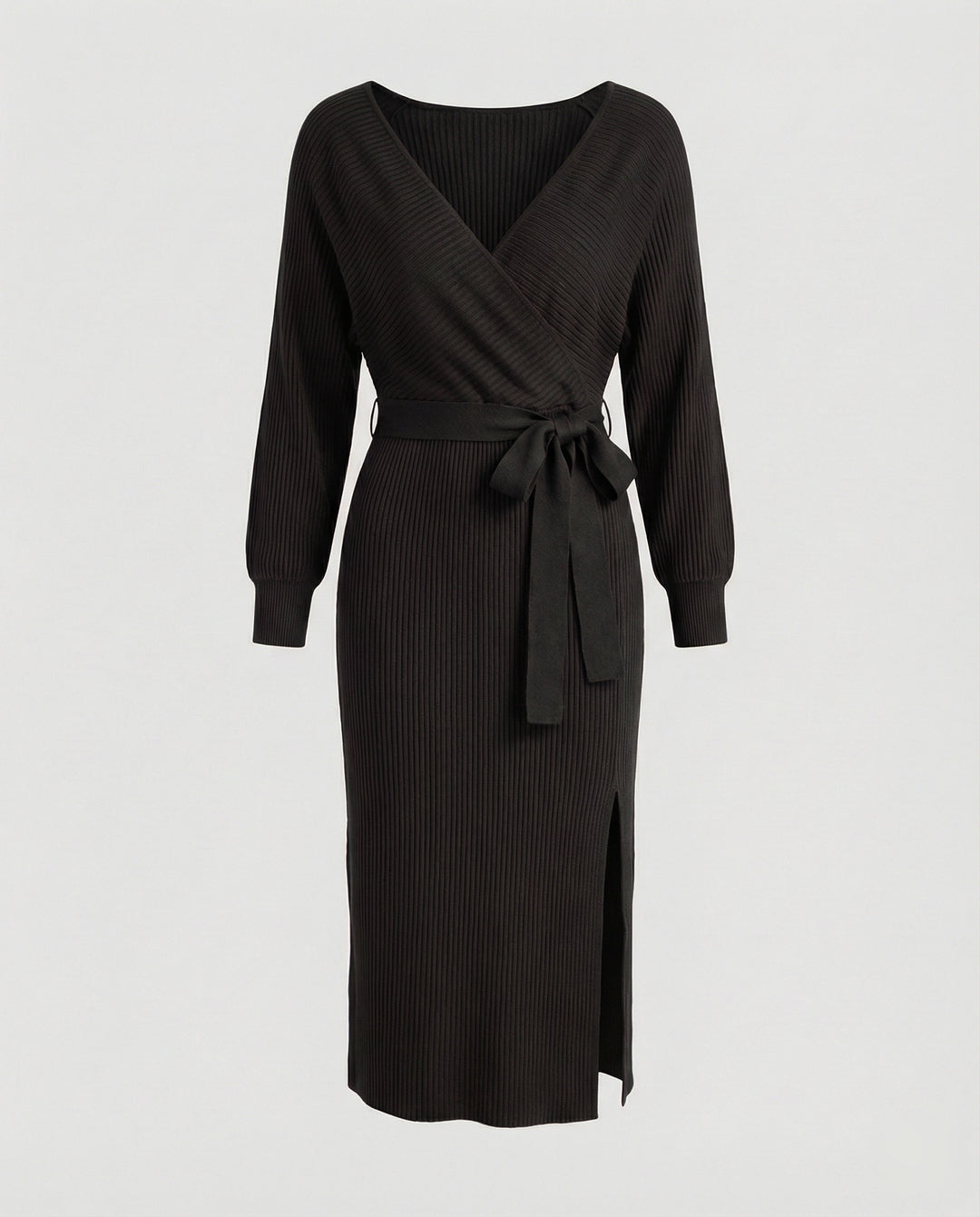 Damen Strickkleid mit elegantem Wickeldesign und dekorativem Gürtel EB