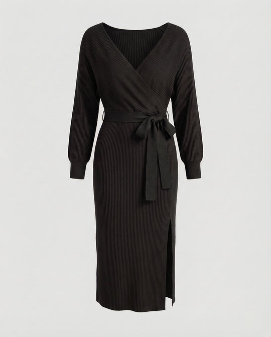 Damen Strickkleid mit elegantem Wickeldesign und dekorativem Gürtel EB