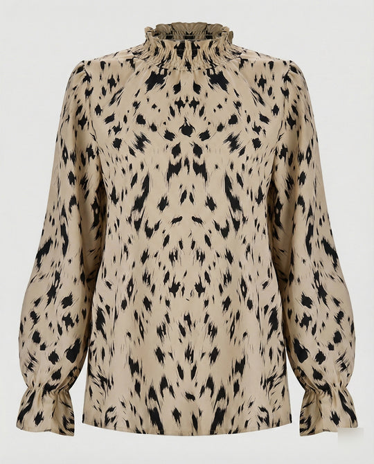 Damen elegante Bluse mit Rüschensaum und stilvollem Tiermuster EB