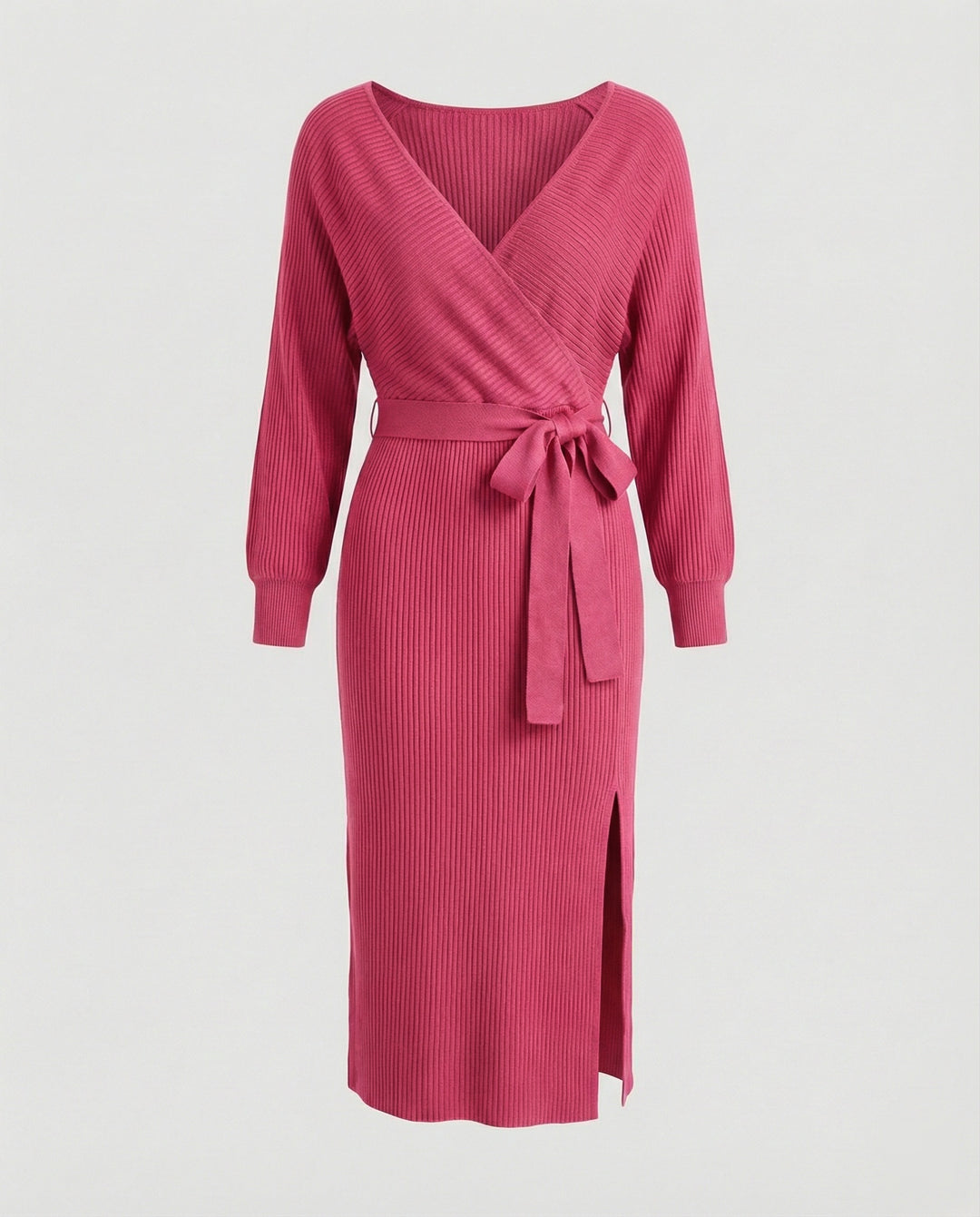 Damen Strickkleid mit elegantem Wickeldesign und dekorativem Gürtel EB
