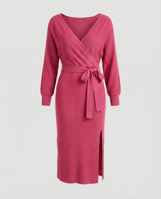 Damen Strickkleid mit elegantem Wickeldesign und dekorativem Gürtel EB