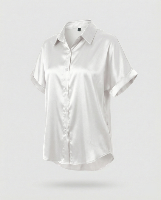 Damen Satin-Bluse mit großem Kragen und überschnittenen Schultern EB