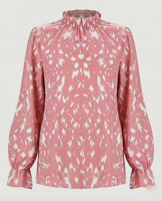 Damen elegante Bluse mit Rüschensaum und stilvollem Tiermuster EB