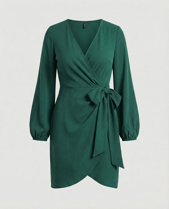Damen Wickelkleid mit voluminösen Ärmeln und elegantem Taillengürtel EB