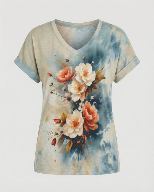 Blusen Tunika V-Ausschnitt Damen Floral