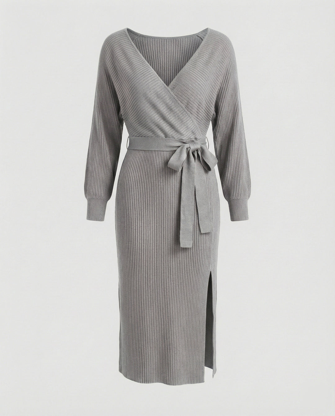 Damen Strickkleid mit elegantem Wickeldesign und dekorativem Gürtel EB
