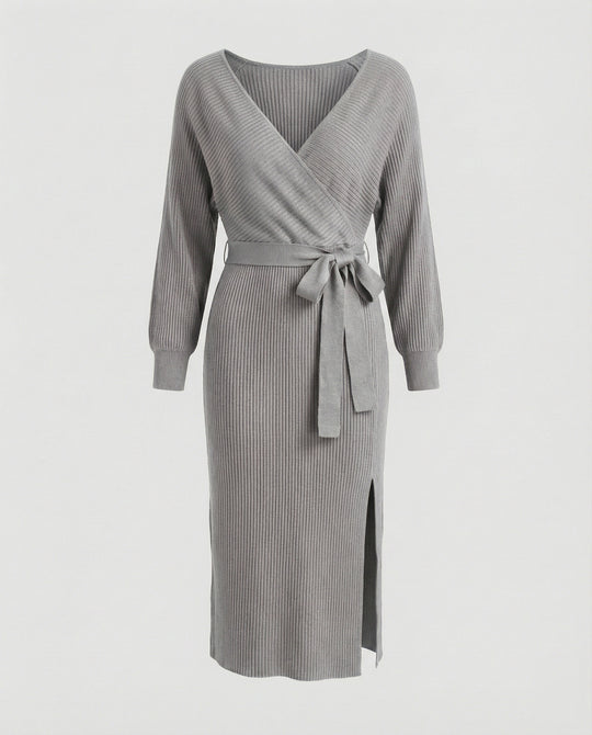 Damen Strickkleid mit elegantem Wickeldesign und dekorativem Gürtel EB