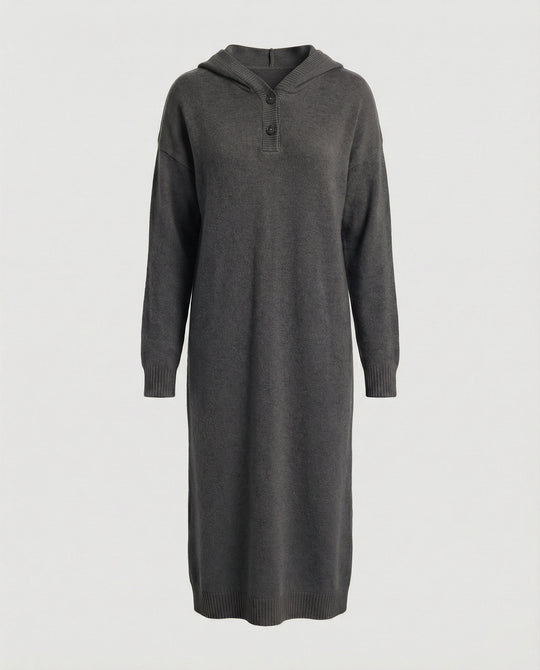 Damen Hoodie-Kleid aus weichem Strickmaterial mit Knopfleiste und Kapuze EB
