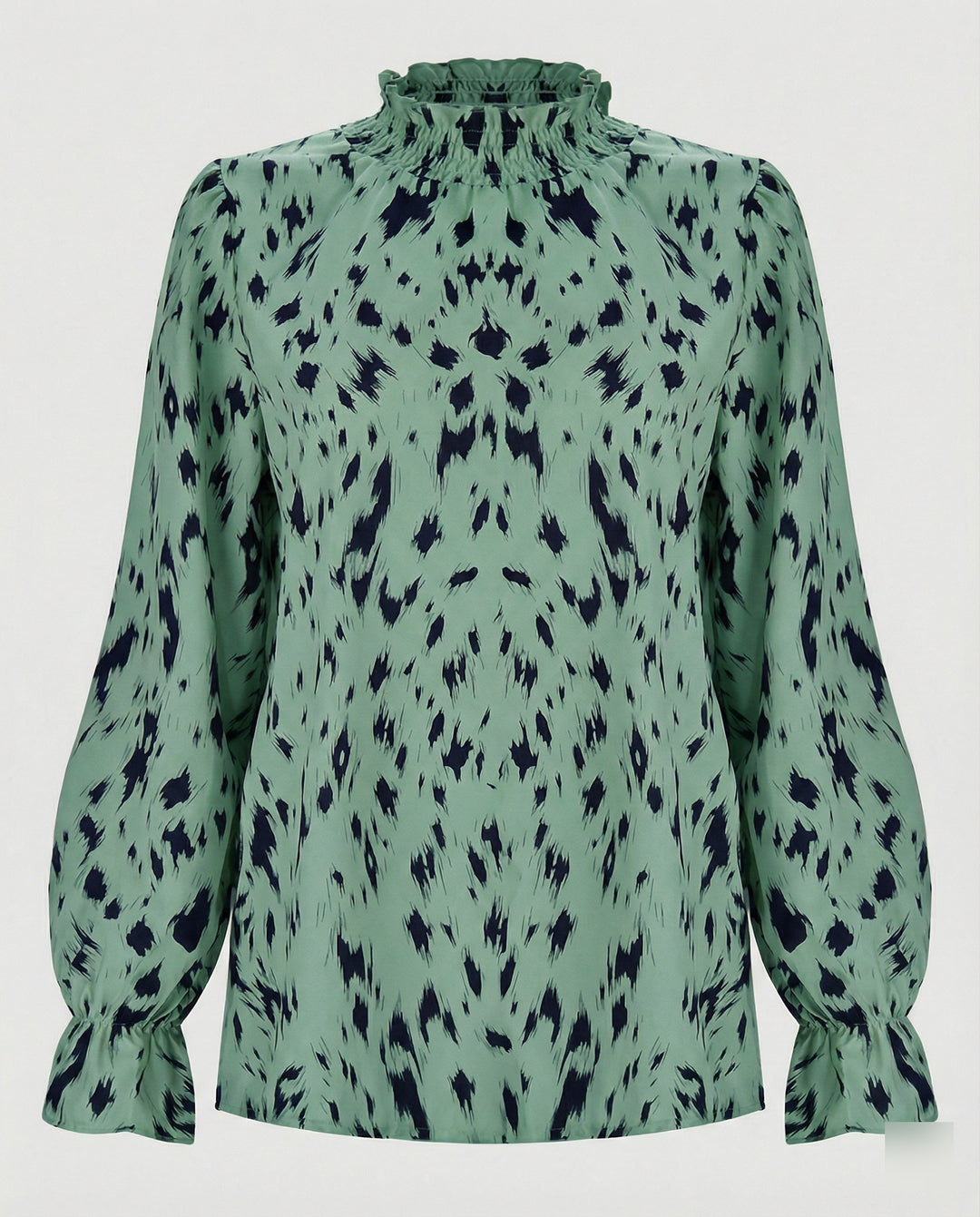 Damen elegante Bluse mit Rüschensaum und stilvollem Tiermuster EB