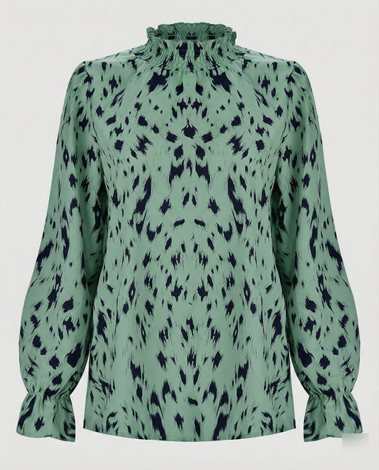 Damen elegante Bluse mit Rüschensaum und stilvollem Tiermuster EB