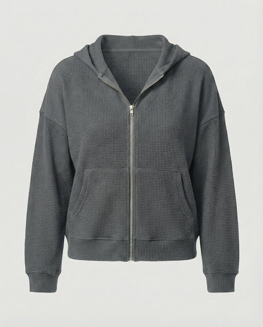 Damen lässige Waffle-Hoodie Jacke mit Reißverschluss EB