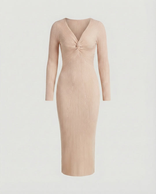Damen figurbetontes langärmliges Strickkleid mit Knoten-Detail EB