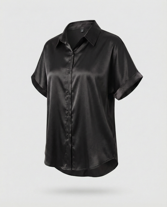 Damen Satin-Bluse mit großem Kragen und überschnittenen Schultern EB