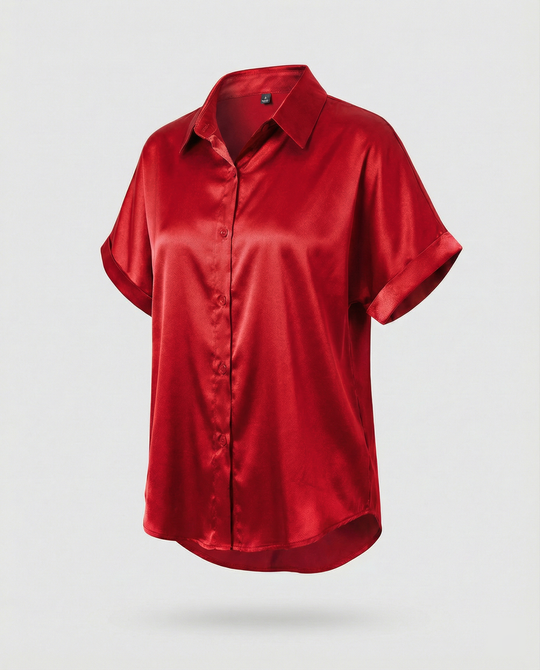 Damen Satin-Bluse mit großem Kragen und überschnittenen Schultern EB
