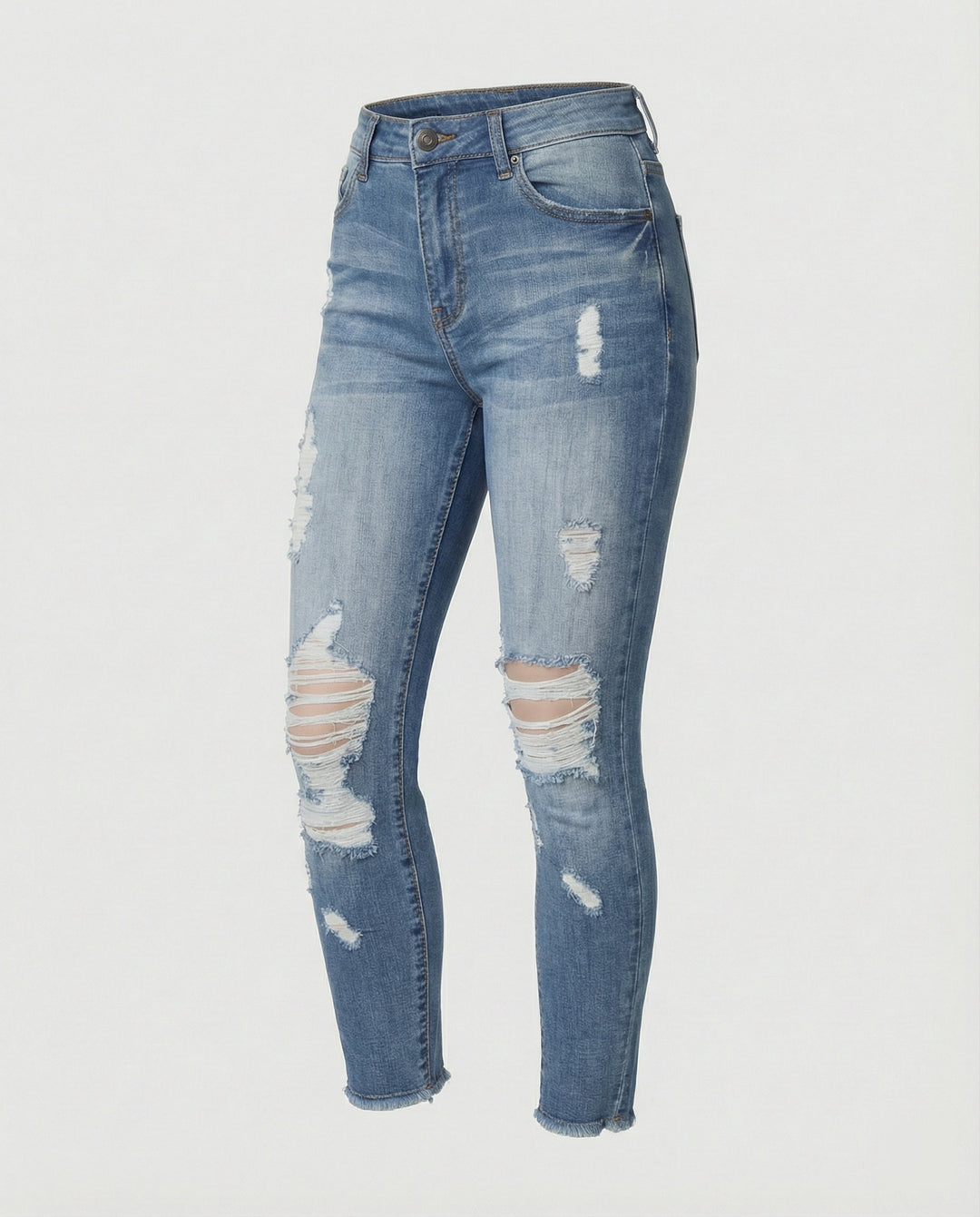 Damen figurbetonte Jeans im lässigen Destroyed-Look mit hohem Bund EB