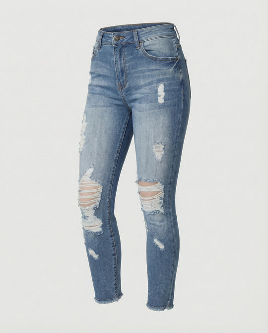 Damen figurbetonte Jeans im lässigen Destroyed-Look mit hohem Bund EB