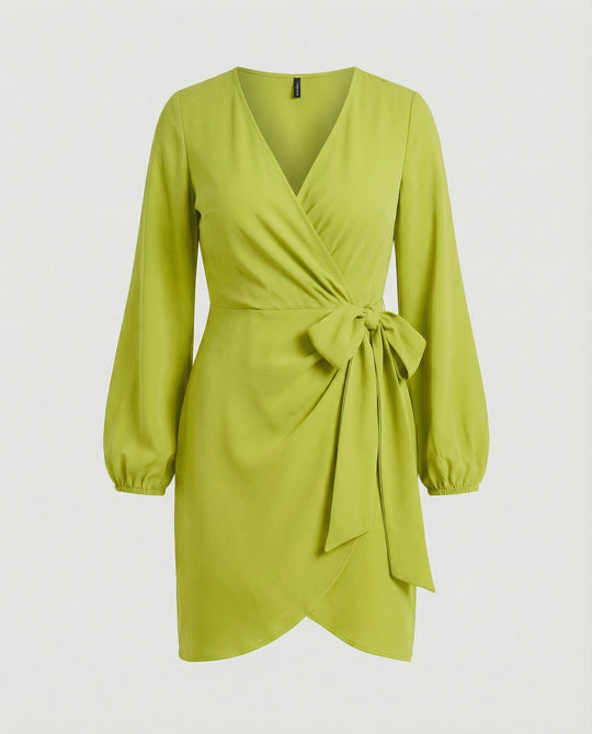 Damen Wickelkleid mit voluminösen Ärmeln und elegantem Taillengürtel EB