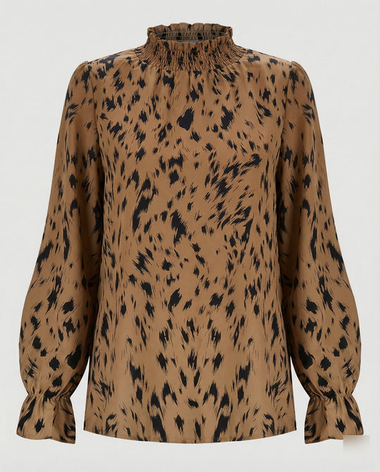 Damen elegante Bluse mit Rüschensaum und stilvollem Tiermuster EB