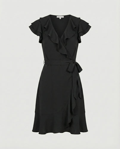 Damen Wickelkleid mit voluminösen Rüschendetails und Taillengürtel EB