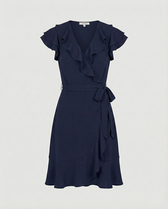 Damen Wickelkleid mit voluminösen Rüschendetails und Taillengürtel EB