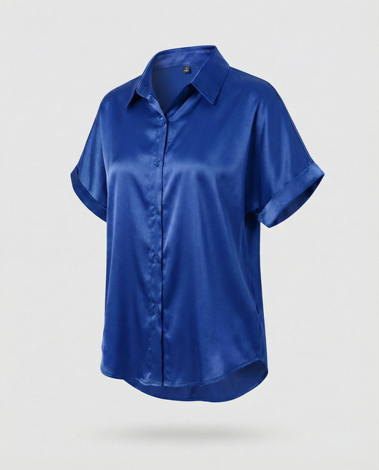 Damen Satin-Bluse mit großem Kragen und überschnittenen Schultern EB