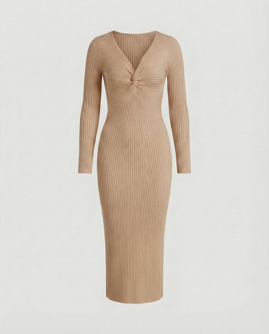 Damen figurbetontes langärmliges Strickkleid mit Knoten-Detail EB