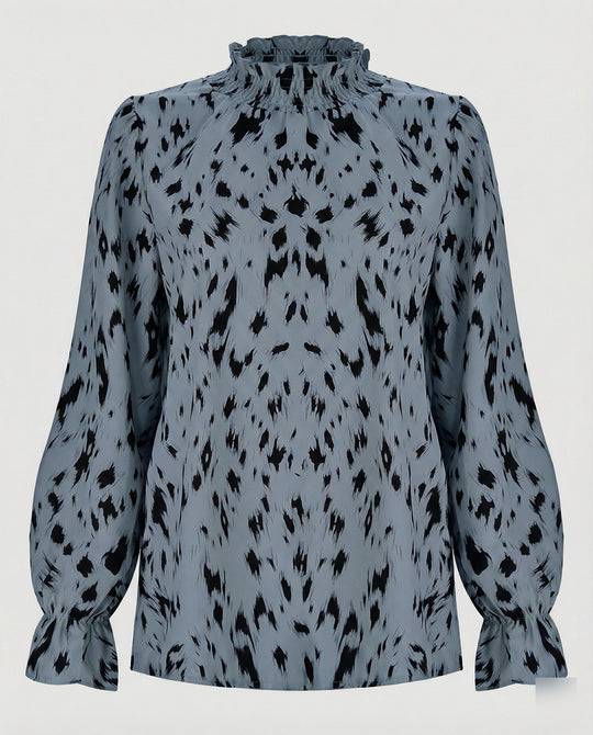 Damen elegante Bluse mit Rüschensaum und stilvollem Tiermuster EB