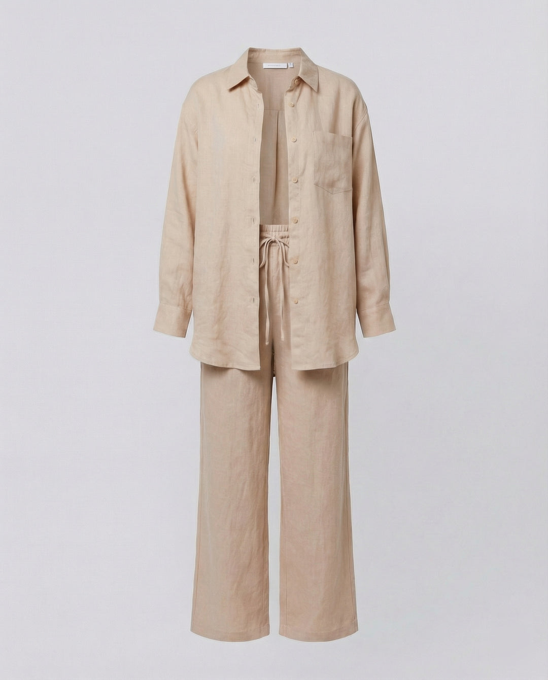 Damen Lässiges Leinen-Outfit mit weit geschnittenem Hemd und lockeren Hosen EB