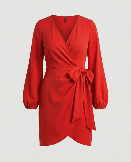 Damen Wickelkleid mit voluminösen Ärmeln und elegantem Taillengürtel EB