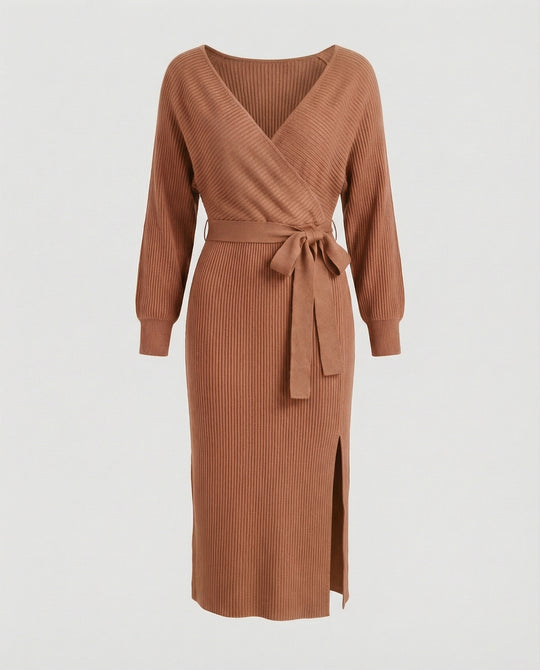 Damen Strickkleid mit elegantem Wickeldesign und dekorativem Gürtel EB