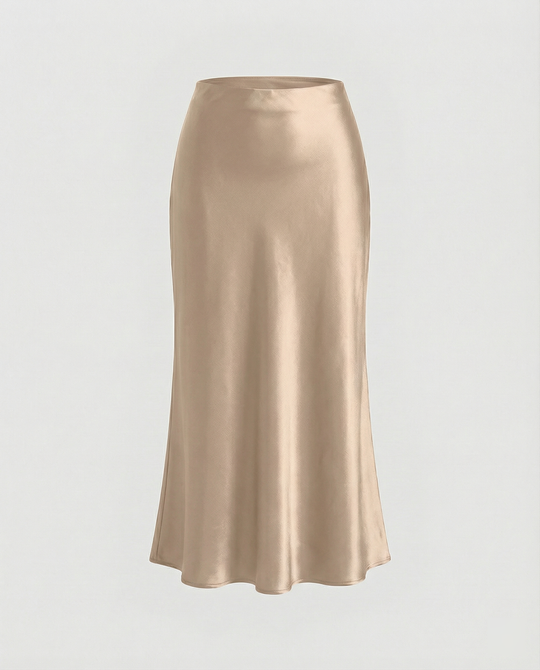 Damen eleganter Satin-Midirock mit fließendem Schnitt und hohem Bund EB