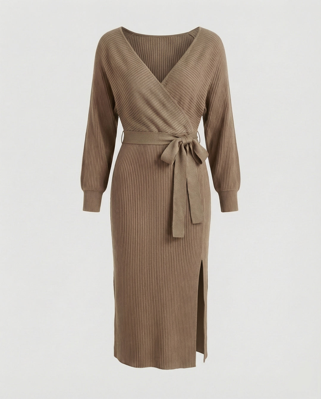 Damen Strickkleid mit elegantem Wickeldesign und dekorativem Gürtel EB