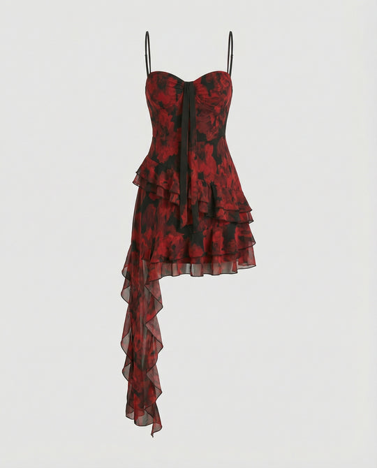 Damen Verspieltes Minikleid mit asymmetrischem Schnitt und aufregendem floralem Design EB