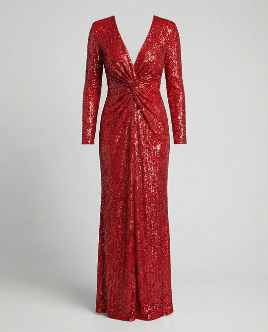 EB | Give Em' Glam Paillettenkleid mit Langen Ärmeln und Gekreuztem Taillendetail Abend-Maxikleid