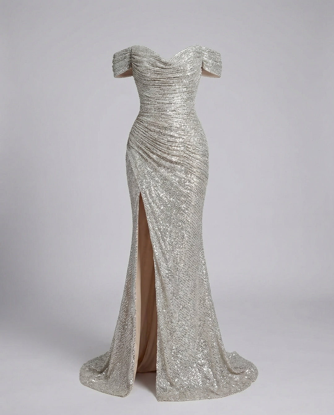 Glitzerndes Damen Abendkleid Schulterfreies Maxikleid mit Schlitz für Hochzeit & Fest | EB