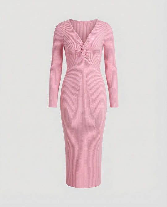 Damen figurbetontes langärmliges Strickkleid mit Knoten-Detail EB
