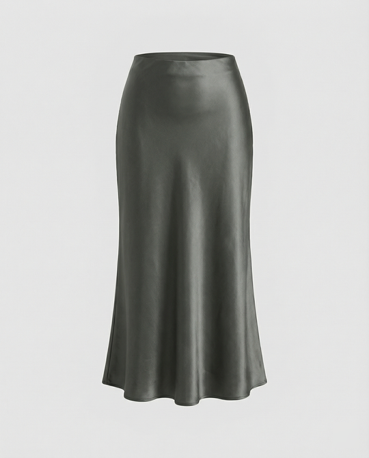 Damen eleganter Satin-Midirock mit fließendem Schnitt und hohem Bund EB