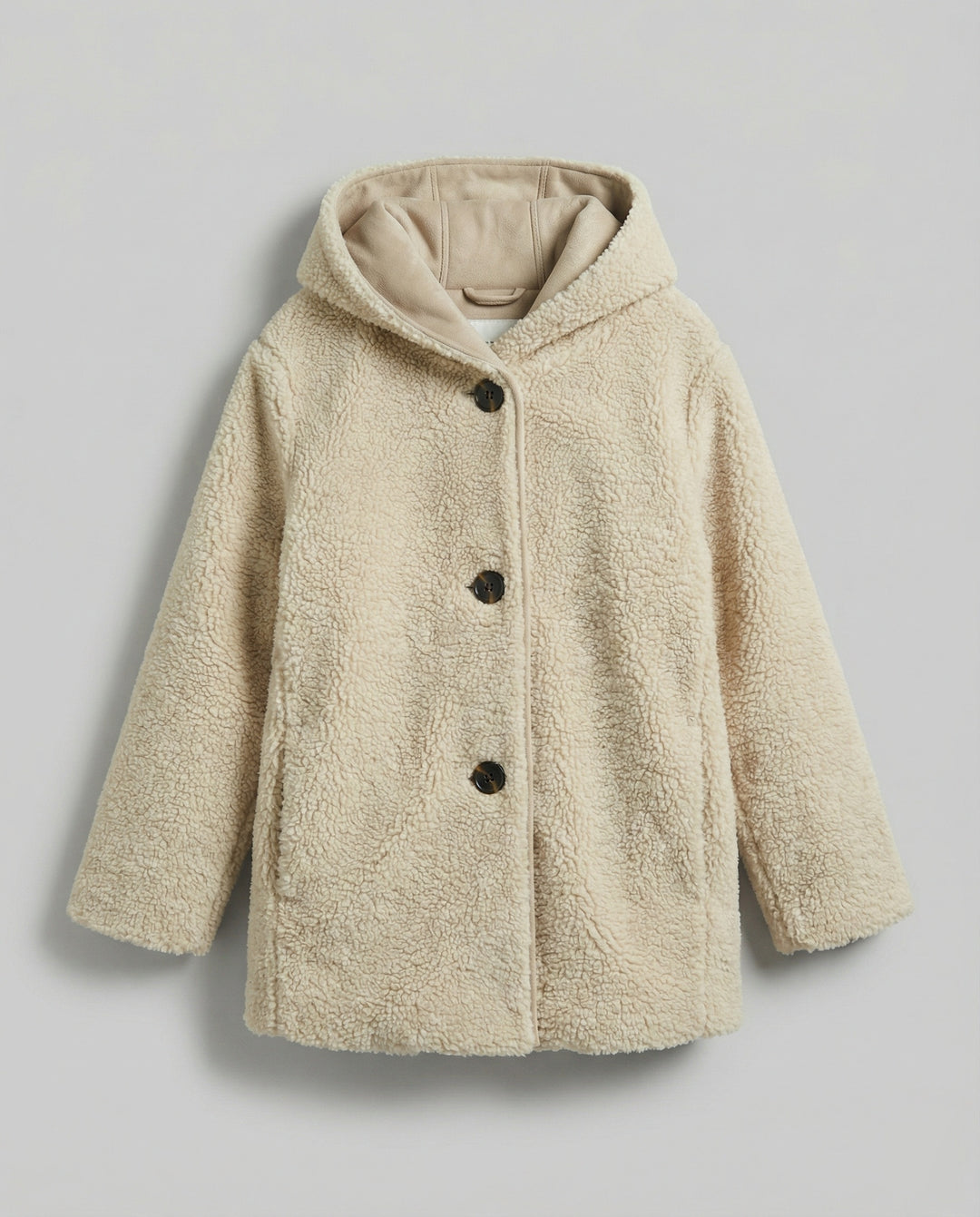 EB | Teddy Mantel - Oversized Fit - Mit Kapuze - Knopfverschluss - Mittellang