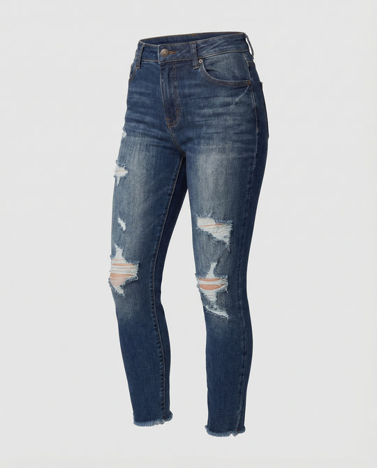 Damen figurbetonte Jeans im lässigen Destroyed-Look mit hohem Bund EB