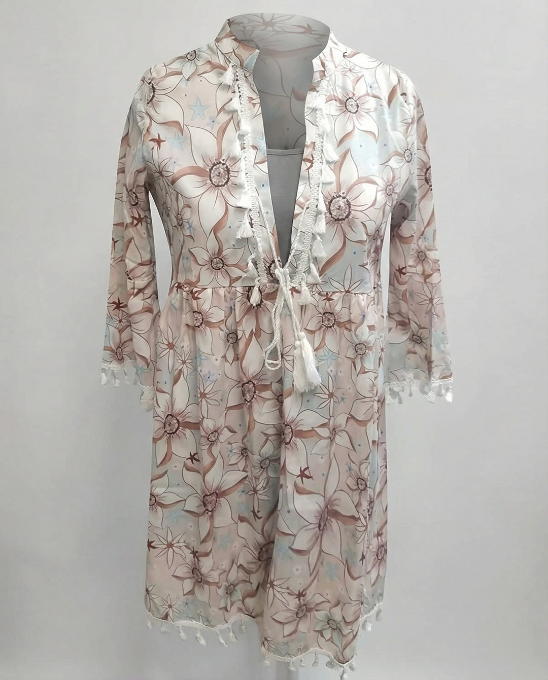 Damen Strandkleid mit hohem Kragen und romantischem Blumenmuster EB