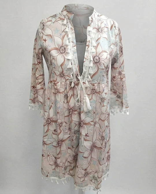 Damen Strandkleid mit hohem Kragen und romantischem Blumenmuster EB