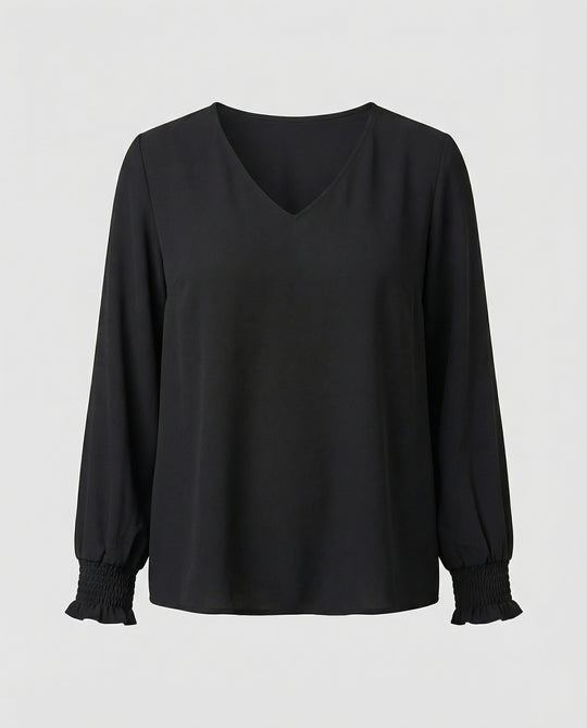 Damen elegante Bluse mit tiefem V-Ausschnitt und voluminösen Ärmeln EB