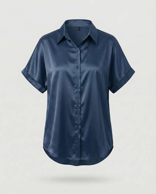 Damen Satin-Bluse mit großem Kragen und überschnittenen Schultern EB