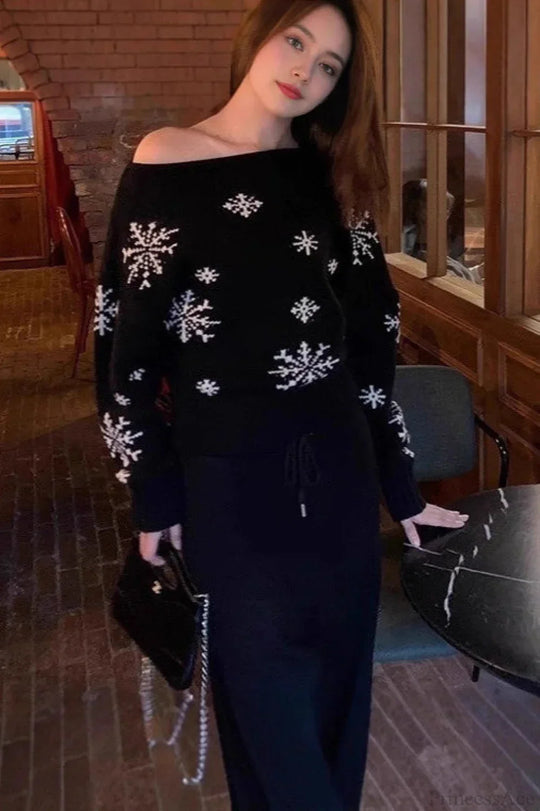 EB | Roter Schneeflocken Weihnachten Off Shoulder Pullover Sweater