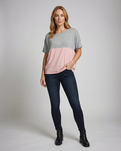 Damen Kastenförmige Zweifarbige Jersey Oberteil
