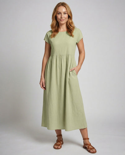 Damen nan A-Linien Midikleid mit Empire-Taille, kurzen Ärmeln und praktischen Seitentaschen EB