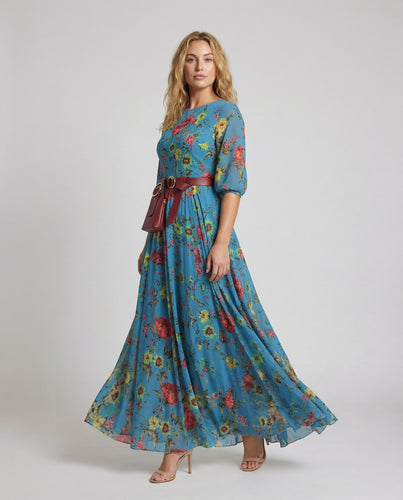 Damen nan fließendes Maxikleid mit Blumenprint, tailliertem Bindegürtel, dreiviertelärmeln und voluminösem Stufenrock EB