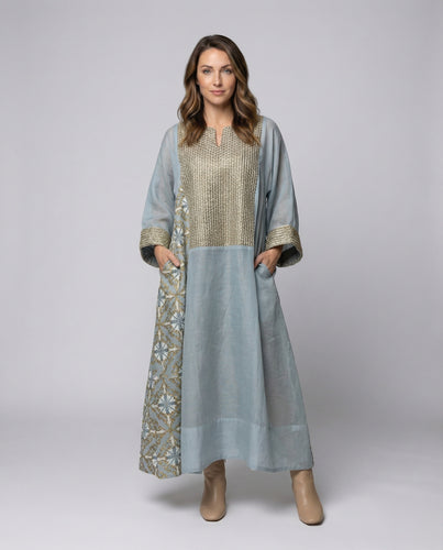 Damen Opulente Pailletten Leinenoptik Kaftan-Maxikleid