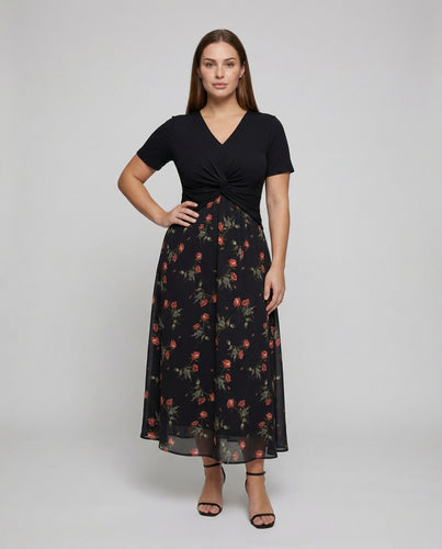 Damen Fließende Blumenrock Jersey-Mischung Knotenmaxikleid